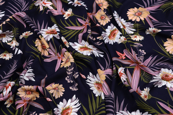 Ткань плательно-блузочная штапель, Maks Style, вискоза 100%, цвет ткани темно-синий, цветочный принт, арт. MS- 2201 D-36