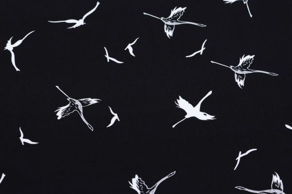 Ткань плательно-блузочная штапель, Maks Style, вискоза 100%, цвет ткани черный, журавли, арт. MS- 2215 D-1 C-2