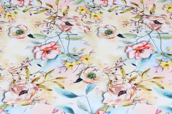 Ткань плательно-блузочная штапель, Maks Style, вискоза 100%, цветочный принт, цвет бежевый, арт. MS- 2202 D- 18