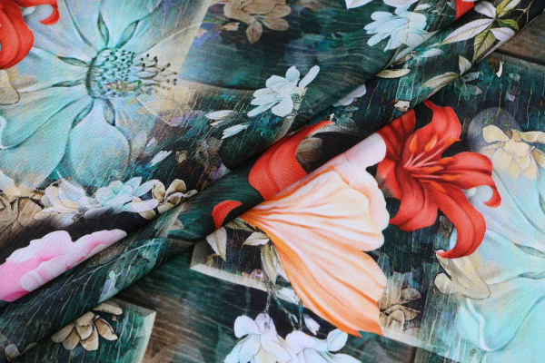 Ткань плательно-блузочная штапель, Maks Style, вискоза 100%, цветы на зеленом фоне, арт. MS- 1192 D- 20