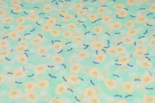 Ткань плательно-блузочная штапель, Maks Style, вискоза 100%, желтые цветы на мятном фоне арт. MS- 2202 D- 8