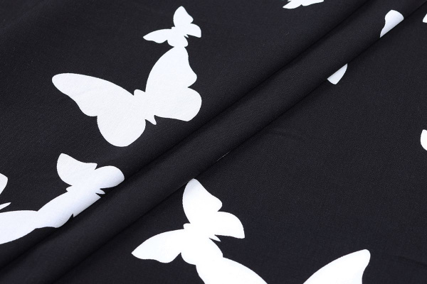 Ткань плательно-блузочная штапель, Maks Style, вискоза 100%, цвет ткани черный, белые бабочки, арт. MS- 1226 D-16 C-2