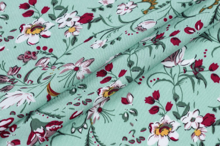 Ткань плательно-блузочная штапель, Maks Style, вискоза 100%, цветочный принт мятный, арт. MS-2201 D-9