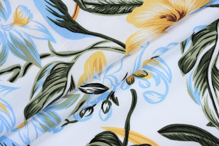 Ткань плательно-блузочная штапель, Maks Style, вискоза 100%, белый цветочный принт, арт. MS-1226 D-26 С-1