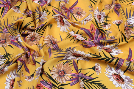 Ткань плательно-блузочная штапель, Maks Style, вискоза 100%, цвет ткани желтый, цветочный принт, арт. MS- 2201 D-38