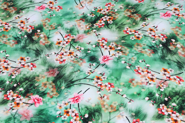 Ткань плательно-блузочная штапель, Maks Style, вискоза 100%, яркие красные цветы на зеленых ветвях, арт. MS- 2202 D- 14