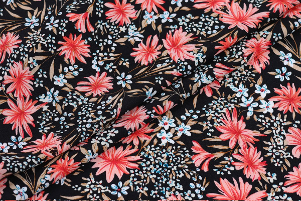 Ткань плательно-блузочная штапель, Maks Style, вискоза 100%, цветочный принт черный, арт. MS-1237 D-LZD621056 С-2