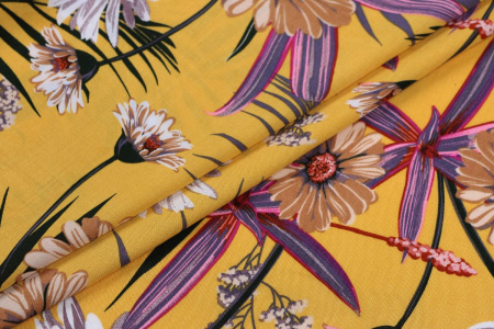 Ткань плательно-блузочная штапель, Maks Style, вискоза 100%, цвет ткани желтый, цветочный принт, арт. MS- 2201 D-38