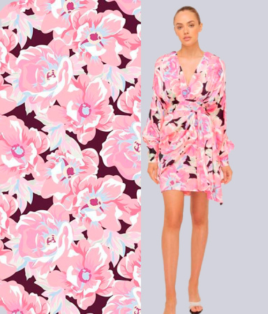 Ткань плательно-блузочная штапель, Maks Style, вискоза 100%, яркие розовые цветы на бордовом фоне, арт. MS- 2202 D- 2