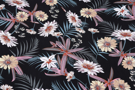 Ткань плательно-блузочная штапель, Maks Style, вискоза 100%, цвет ткани черный, цветочный принт, арт. MS- 2201 D-35