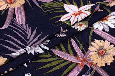 Ткань плательно-блузочная штапель, Maks Style, вискоза 100%, цвет ткани темно-синий, цветочный принт, арт. MS- 2201 D-36
