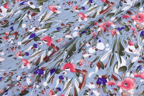 Ткань плательно-блузочная штапель, Maks Style, вискоза 100%, цвет ткани голубой, цветочный принт, арт. MS- 2208 D-11 C-3