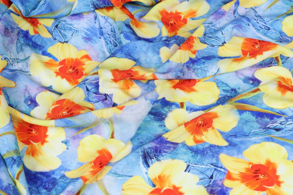 Ткань плательно-блузочная штапель, Maks Style, вискоза 100%, цвет синий, цветы желтые, арт. MS- 2202 D- 5