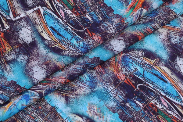 Ткань плательно-блузочная штапель, Maks Style, вискоза 100%, морской, лодки, арт. MS- 1192 D- 6