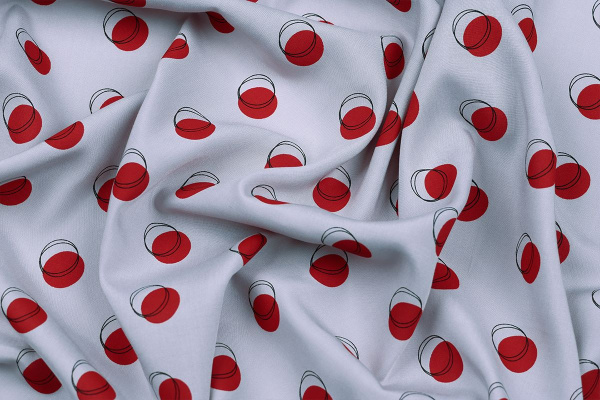 Ткань плательно-блузочная штапель, Maks Style, вискоза 100%, сиреневый принт горох красный, арт. 4203 D-2028 С-4