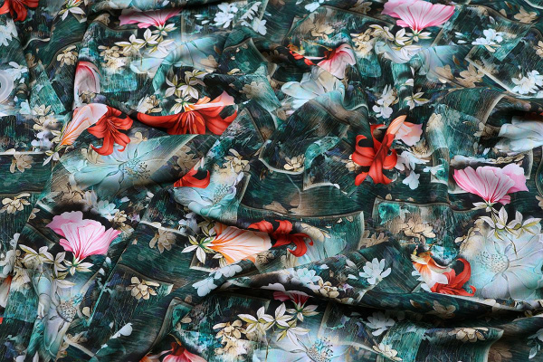 Ткань плательно-блузочная штапель, Maks Style, вискоза 100%, цветы на зеленом фоне, арт. MS- 1192 D- 20