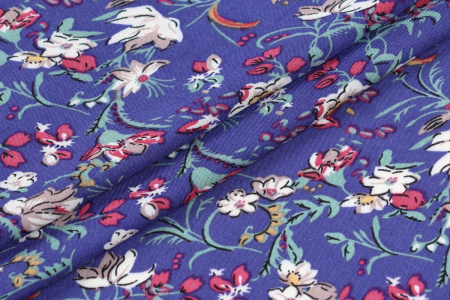 Ткань плательно-блузочная штапель, Maks Style, вискоза 100%, цветочный принт синий, арт. MS-1197 D-31