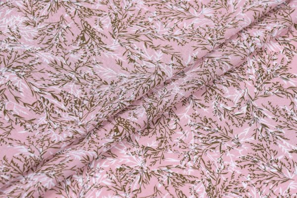 Ткань плательно-блузочная штапель, Maks Style, вискоза 100%, растительный принт розовый, арт. MS-1237 D-LZD621060 C-2