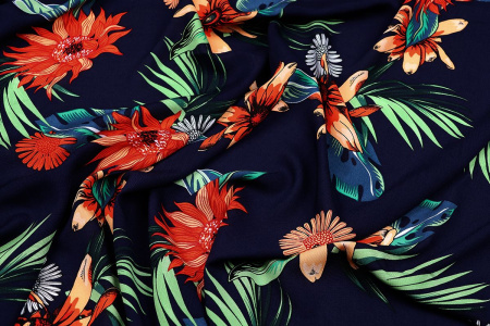 Ткань плательно-блузочная штапель, Maks Style, вискоза 100%, цвет ткани темно-синий, цветочный принт, арт. MS- 2201 D-23
