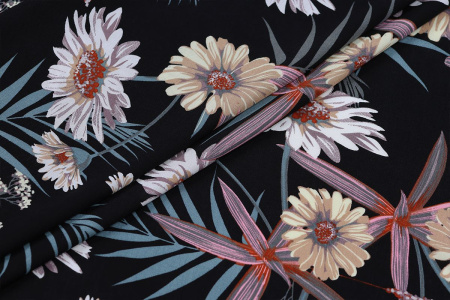 Ткань плательно-блузочная штапель, Maks Style, вискоза 100%, цвет ткани черный, цветочный принт, арт. MS- 2201 D-35