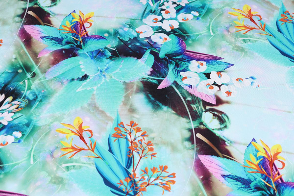 Ткань плательно-блузочная штапель, Maks Style, вискоза 100%, цветочный принт, листья, арт. MS- 2202 D- 7