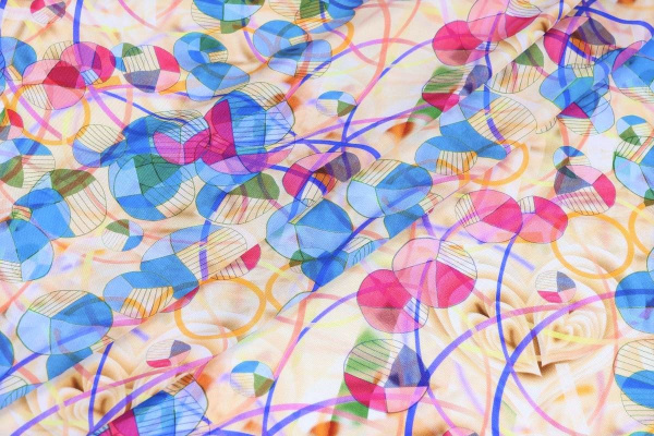 Ткань плательно-блузочная штапель, Maks Style, вискоза 100%, круги на бежевом фоне, арт. MS- 2202 D- 15