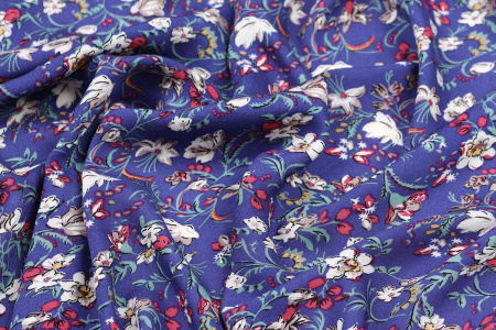 Ткань плательно-блузочная штапель, Maks Style, вискоза 100%, цветочный принт синий, арт. MS-1197 D-31