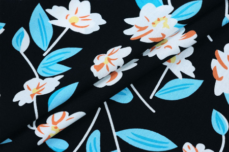 Ткань плательно-блузочная штапель, Maks Style, вискоза 100%, цвет ткани черный, рисунок цветы, арт. MS- 1226 C-2