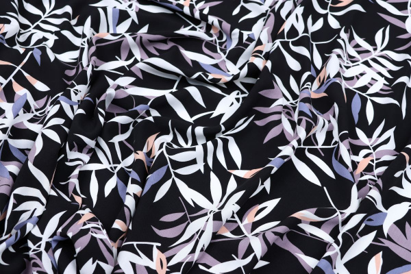 Ткань плательно-блузочная штапель, Maks Style, вискоза 100%, цвет ткани черный, листья, арт. MS- 2208 D-9 C-2