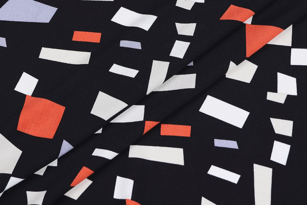 Ткань плательно-блузочная штапель, Maks Style, вискоза 100%, цвет ткани черный, рисунок прямоугольники, арт. MS- 2209 D-4 C-2