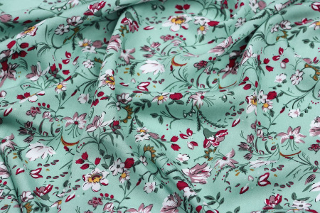 Ткань плательно-блузочная штапель, Maks Style, вискоза 100%, цветочный принт мятный, арт. MS-2201 D-9