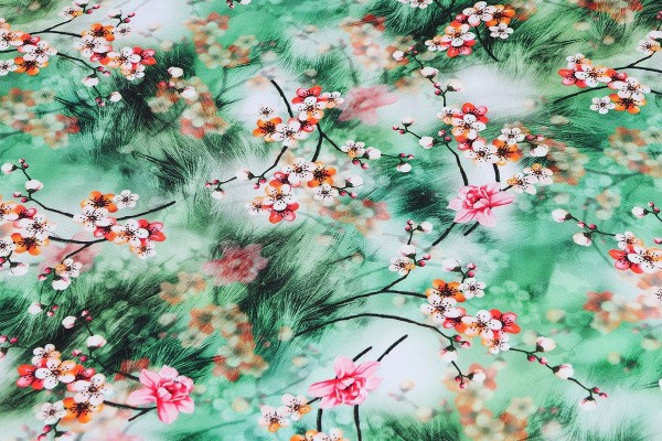 Ткань плательно-блузочная штапель, Maks Style, вискоза 100%, яркие красные цветы на зеленых ветвях, арт. MS- 2202 D- 14