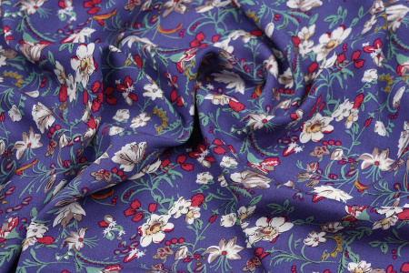 Ткань плательно-блузочная штапель, Maks Style, вискоза 100%, цветочный принт фиолетовый, арт. MS-2201 D-4