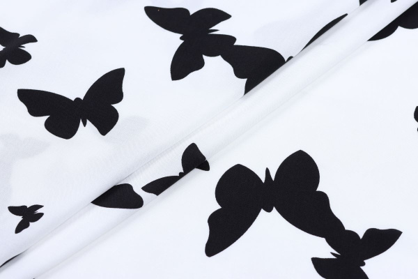 Ткань плательно-блузочная штапель, Maks Style, вискоза 100%, цвет ткани белый, черные бабочки, арт. MS- 1226 D-16 C-1